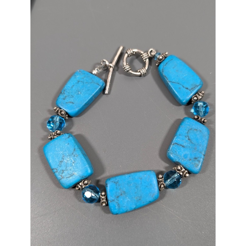 Faux Turquoise Rectangle Stone Bead Bracelet Silver Tone Western Boho 7"